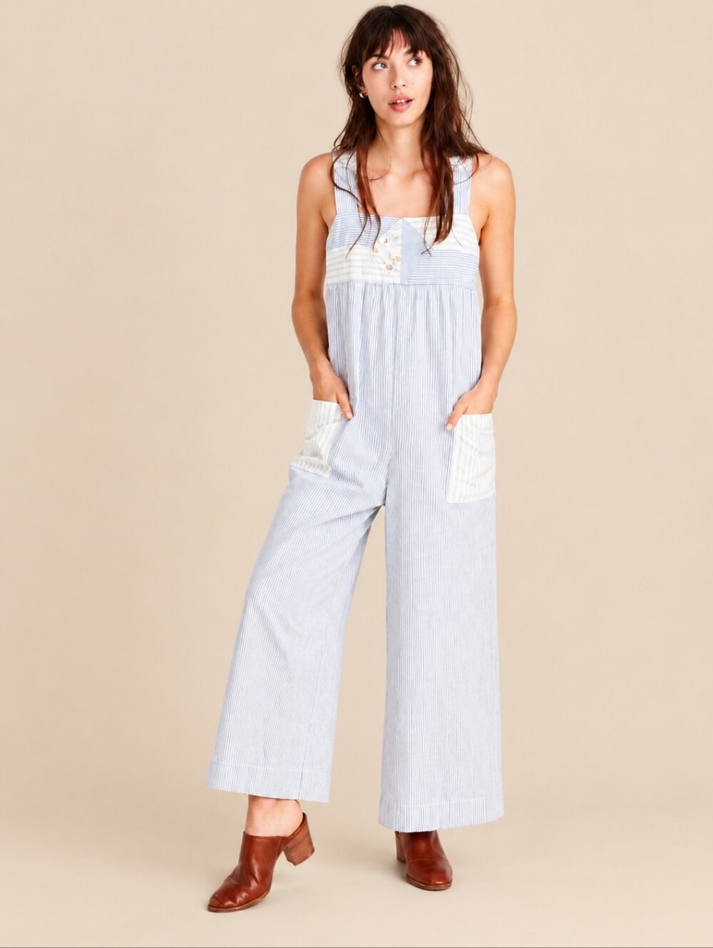 MADEWELL X The New Denim Project Blue Pinstripe Wide-Leg Overalls Sz XXS Floral